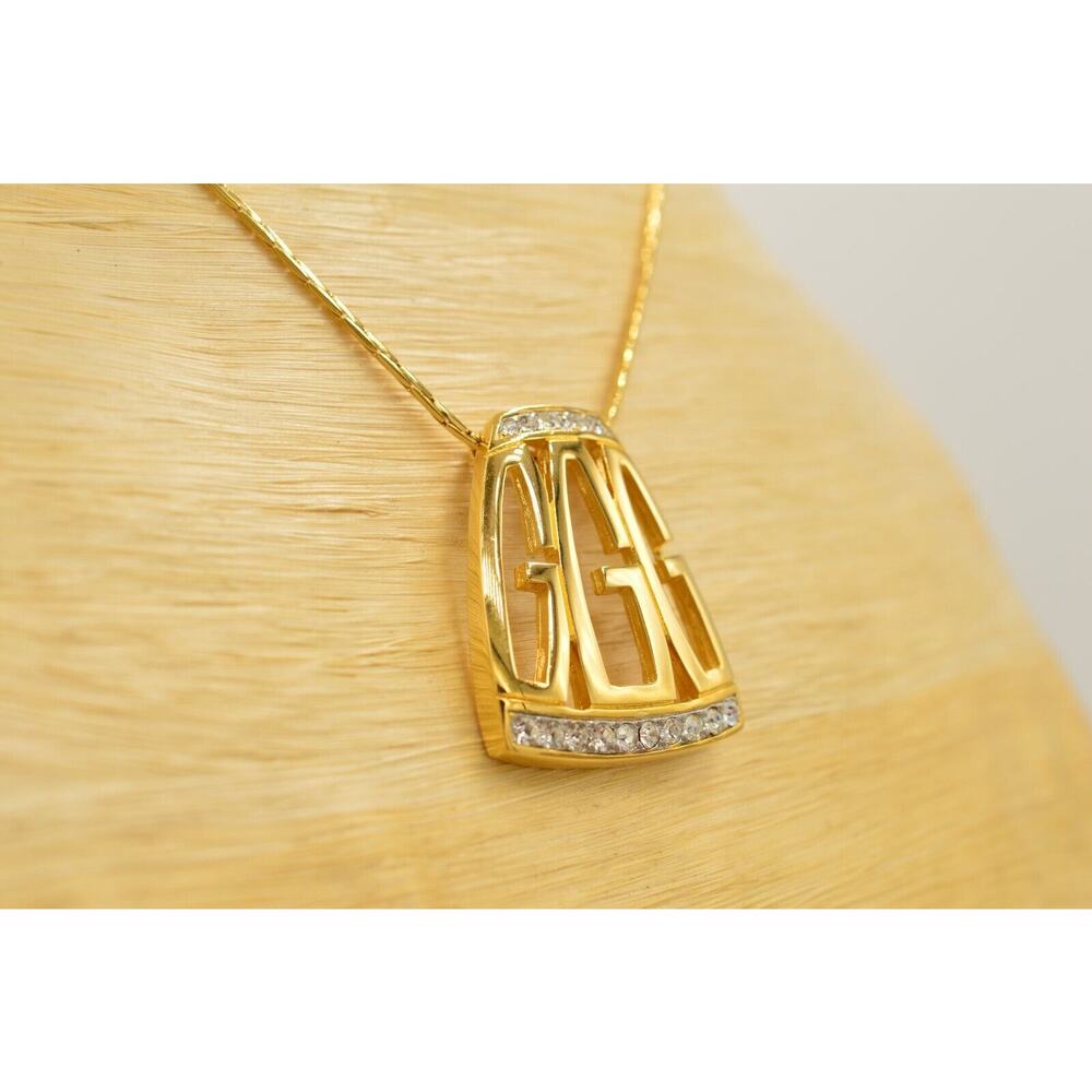 Givenchy Vintage Logo Pendant Necklace G Crystal Gold Signed NOS 80s 1980s Bin8 - Picture 4 of 12